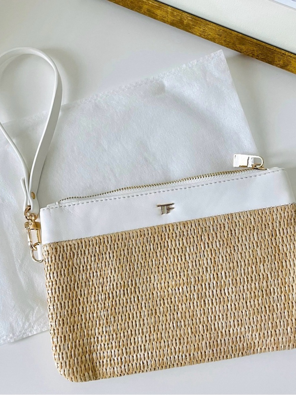 GWP- Tom Ford White & Natural Straw Wristlet Clutch with Gold Accent